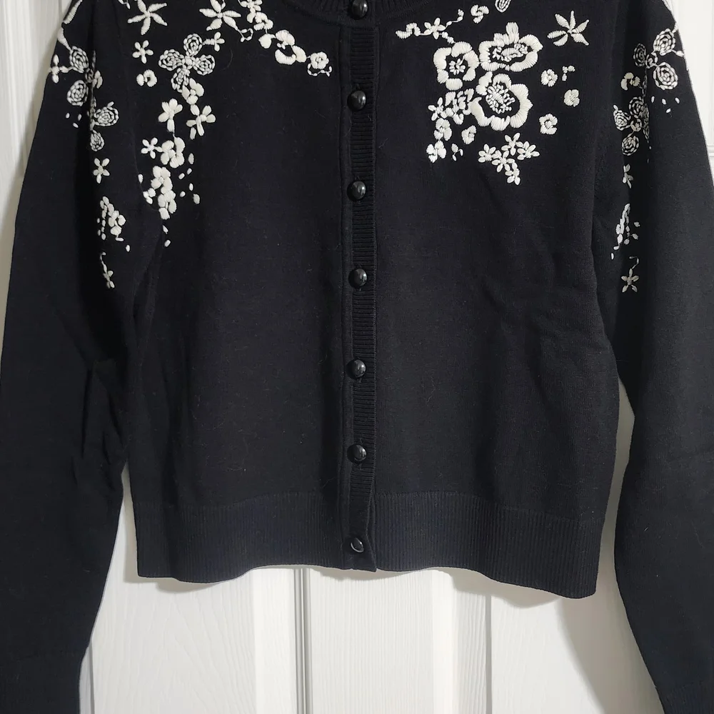 CAbi Black Cardigan with White Floral Design - Picture 1 of 3
